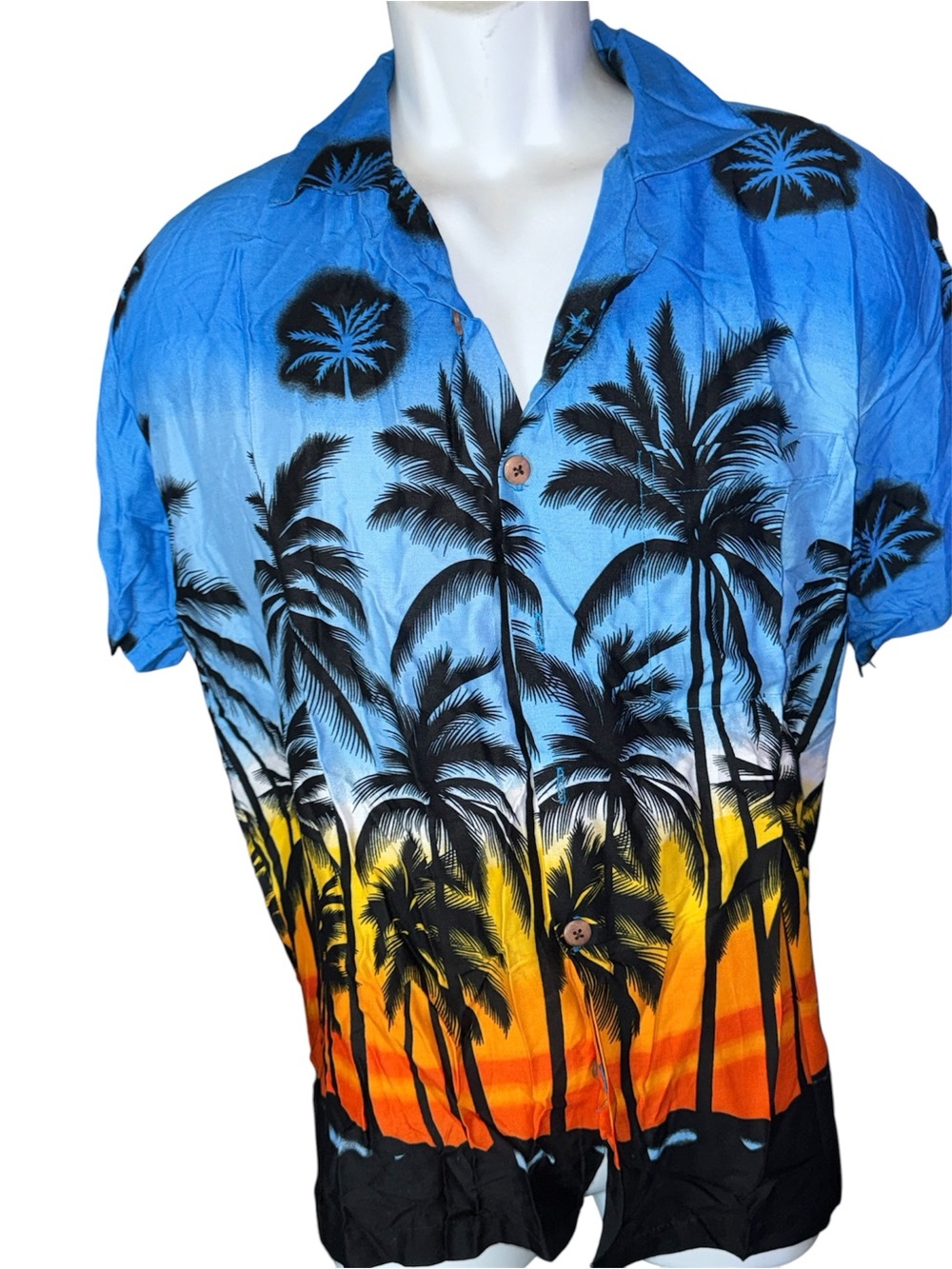 In Gear Hawaiian Shirt Men’s Medium Blue Palm Tree Rayon Button Front Tropical